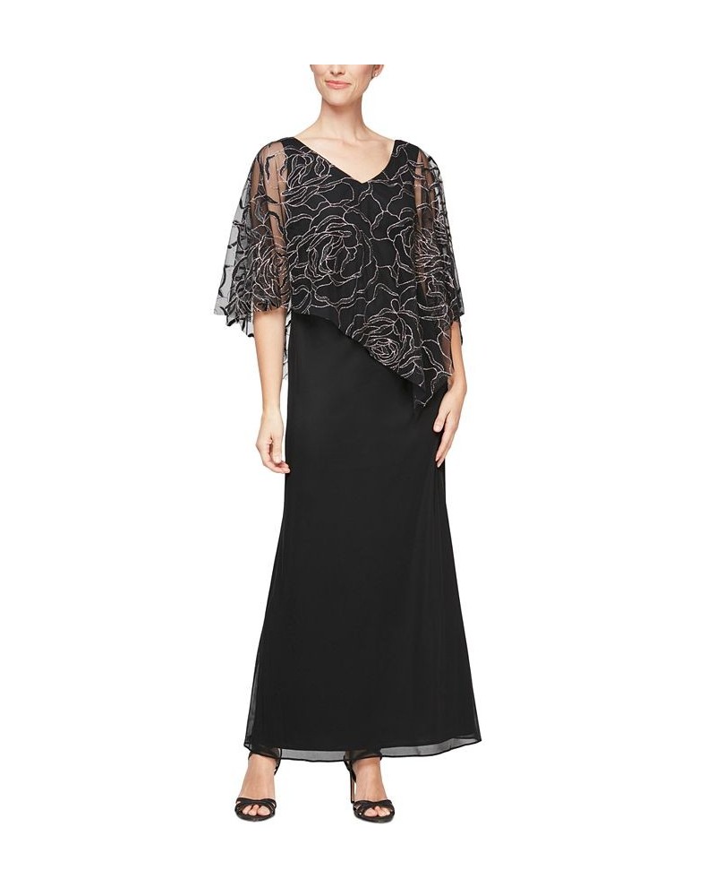 Popover V Neck Glitter Floral with Asymetric Cape Black/Rose Gold $35.28 Dresses