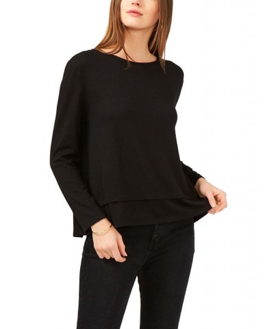 Women's Long Sleeve Tie Back Cozy Knit Top Black $22.62 Tops