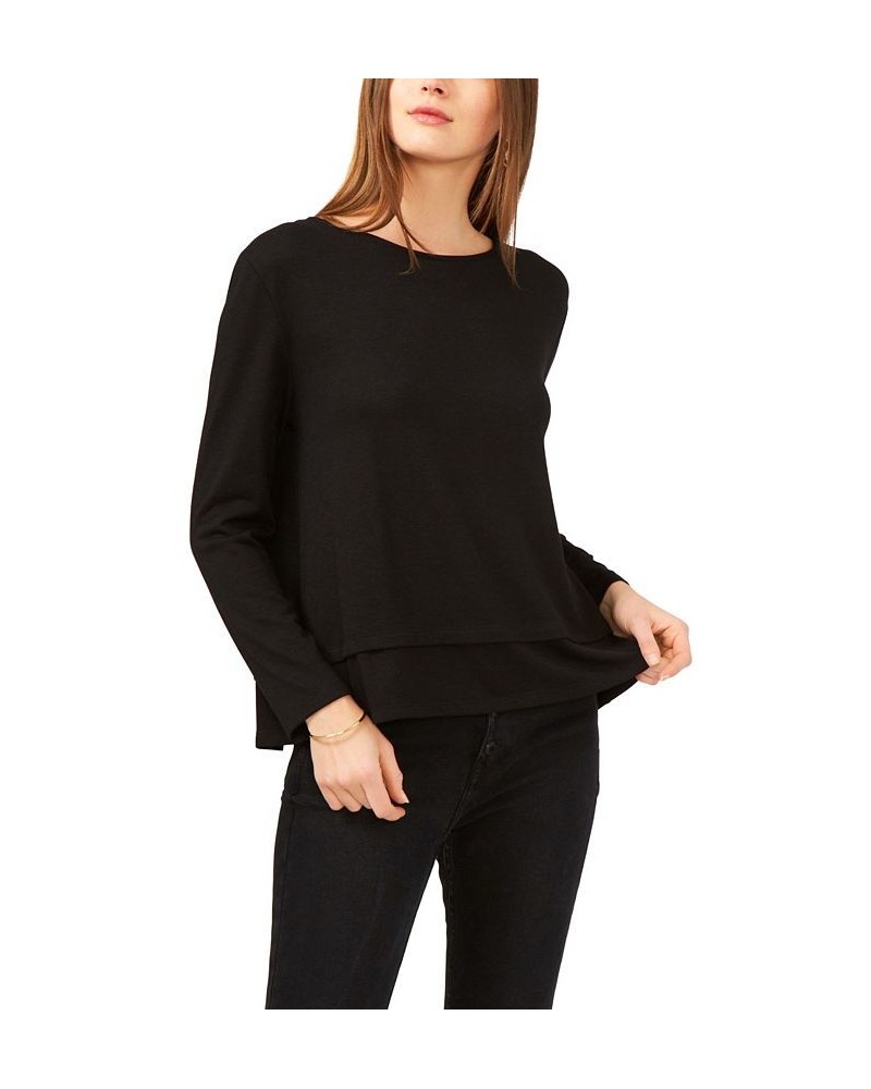 Women's Long Sleeve Tie Back Cozy Knit Top Black $22.62 Tops