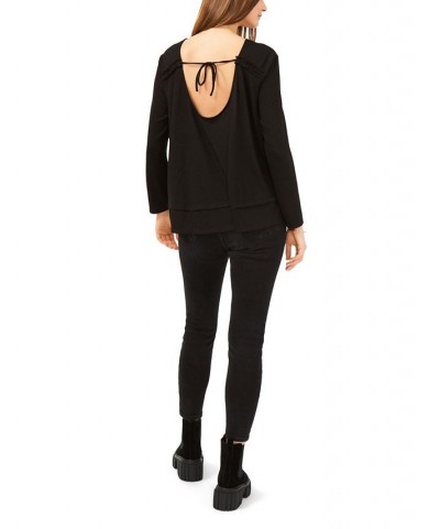 Women's Long Sleeve Tie Back Cozy Knit Top Black $22.62 Tops