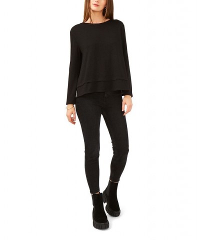 Women's Long Sleeve Tie Back Cozy Knit Top Black $22.62 Tops