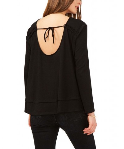 Women's Long Sleeve Tie Back Cozy Knit Top Black $22.62 Tops