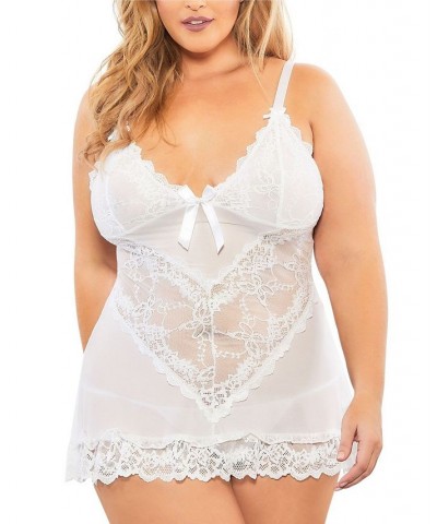 Plus Size Soft Cup Babydoll & G-String 2pc Lingerie Set White $16.74 Lingerie