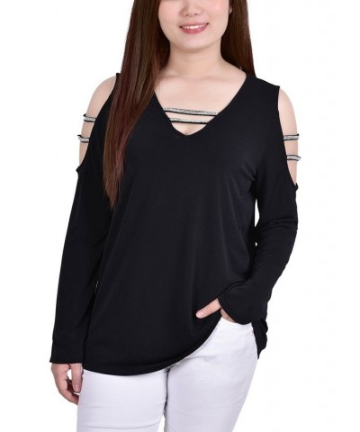 Petite Long Sleeve Knit Crepe Rhinestone Top Black $12.00 Tops