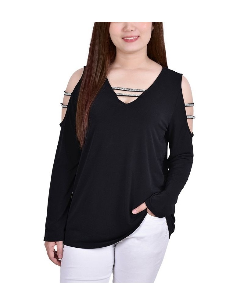 Petite Long Sleeve Knit Crepe Rhinestone Top Black $12.00 Tops