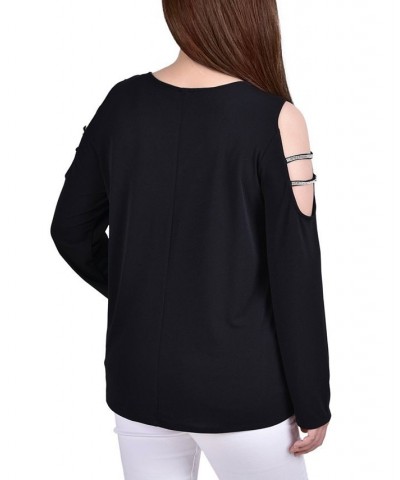 Petite Long Sleeve Knit Crepe Rhinestone Top Black $12.00 Tops