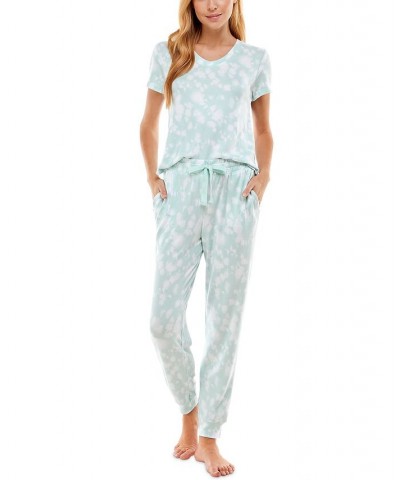 V-Neck T-Shirt & Jogger Pants Pajama Set Pom Pom Tie Dye Icy Morn $12.90 Sleepwear