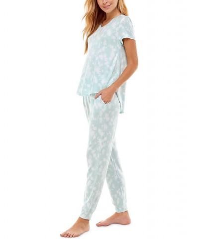 V-Neck T-Shirt & Jogger Pants Pajama Set Pom Pom Tie Dye Icy Morn $12.90 Sleepwear