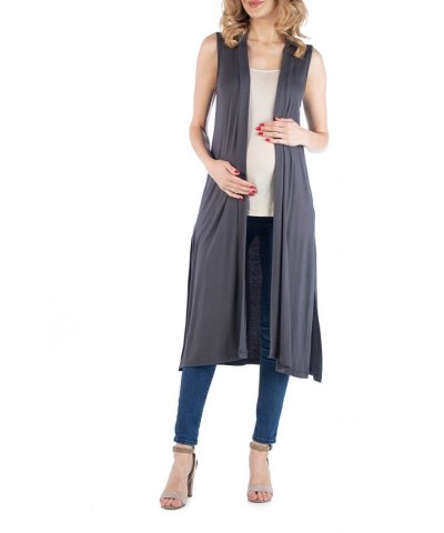 Sleeveless Long Maternity Cardigan with Side Slit Gray $23.69 Sweaters