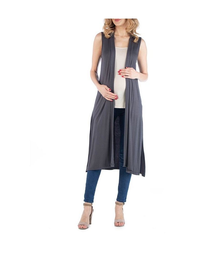 Sleeveless Long Maternity Cardigan with Side Slit Gray $23.69 Sweaters