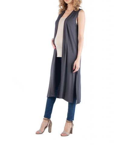 Sleeveless Long Maternity Cardigan with Side Slit Gray $23.69 Sweaters